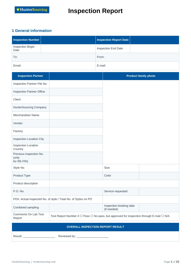 Blank HunterSourcing inspection report format preview