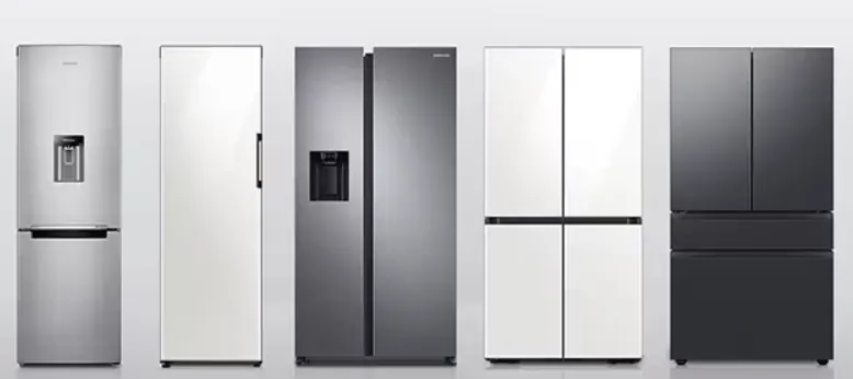 Five refrigerator cabinet layouts shown side by side for configuration comparison
