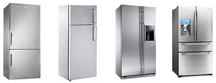 Four refrigerator door configurations including top-freezer and multi-door layouts