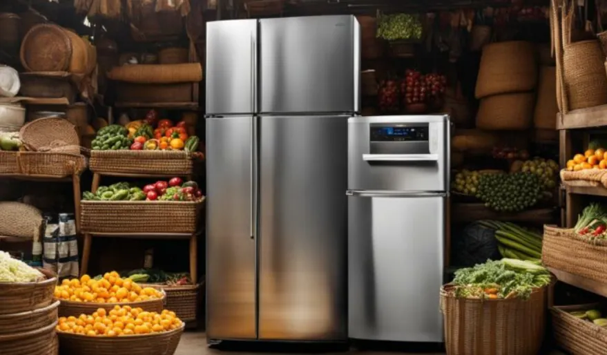 Illustrative refrigerator scene beside produce; not a HunterSourcing factory or customer installation