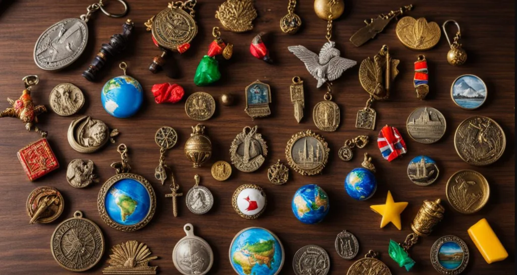 Assorted souvenir keyrings, medallions and small charms with different shapes and finishes
